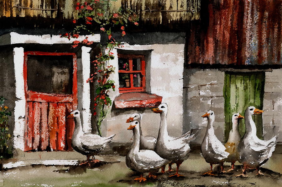 More feckin GEESE Painting by Val Byrne