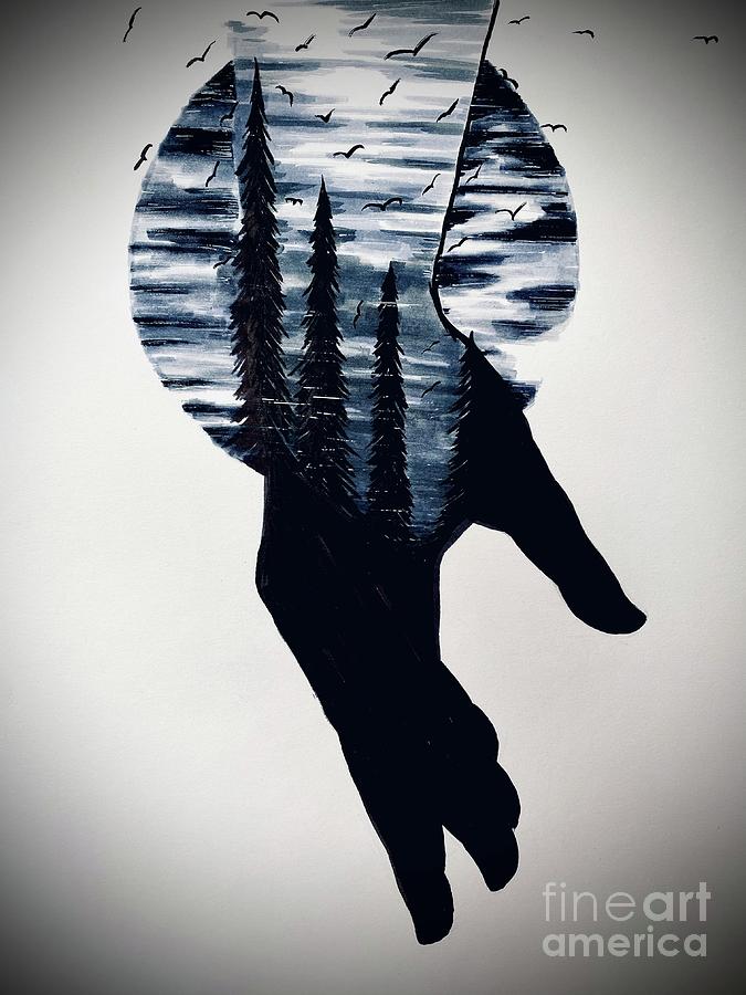 The Hand And The Forest Moon Drawing