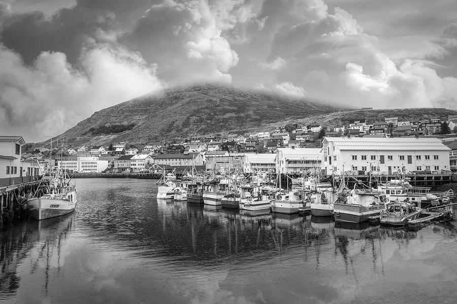 The Harbor at Honningvag Norway Under Clouds in Black and White  Photograph by Debra and Dave Vanderlaan