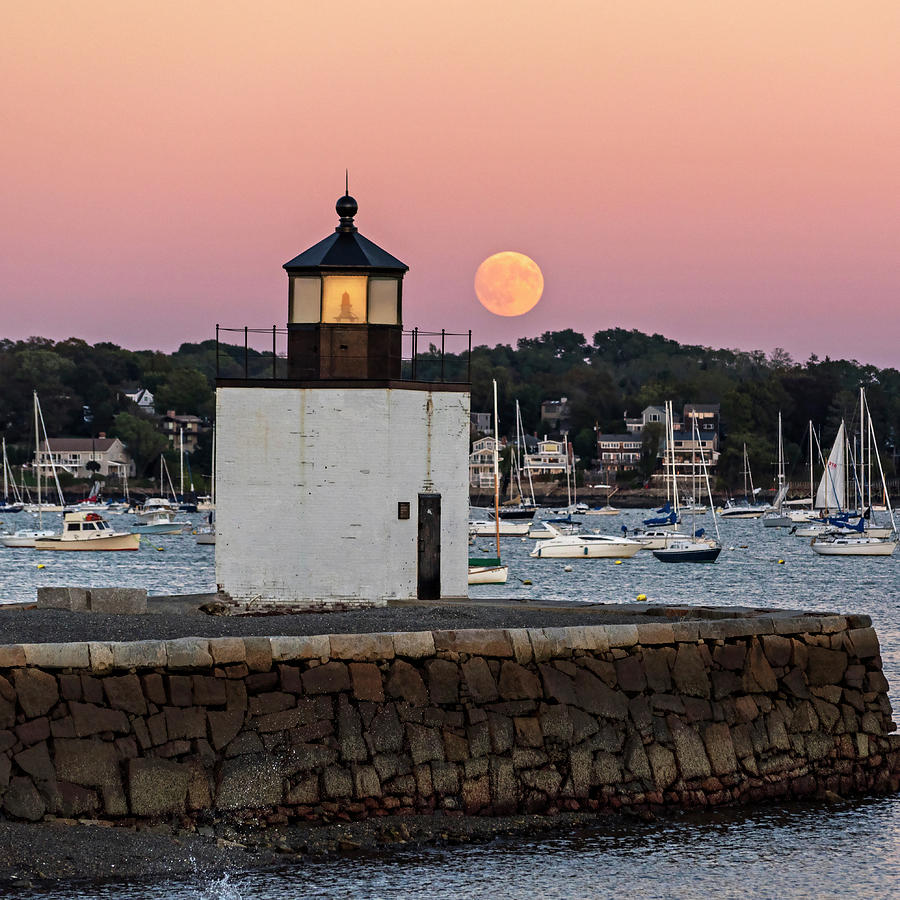 The Harvest Moon Rising on Derby Light Salem MA Square Photograph by Toby McGuire
