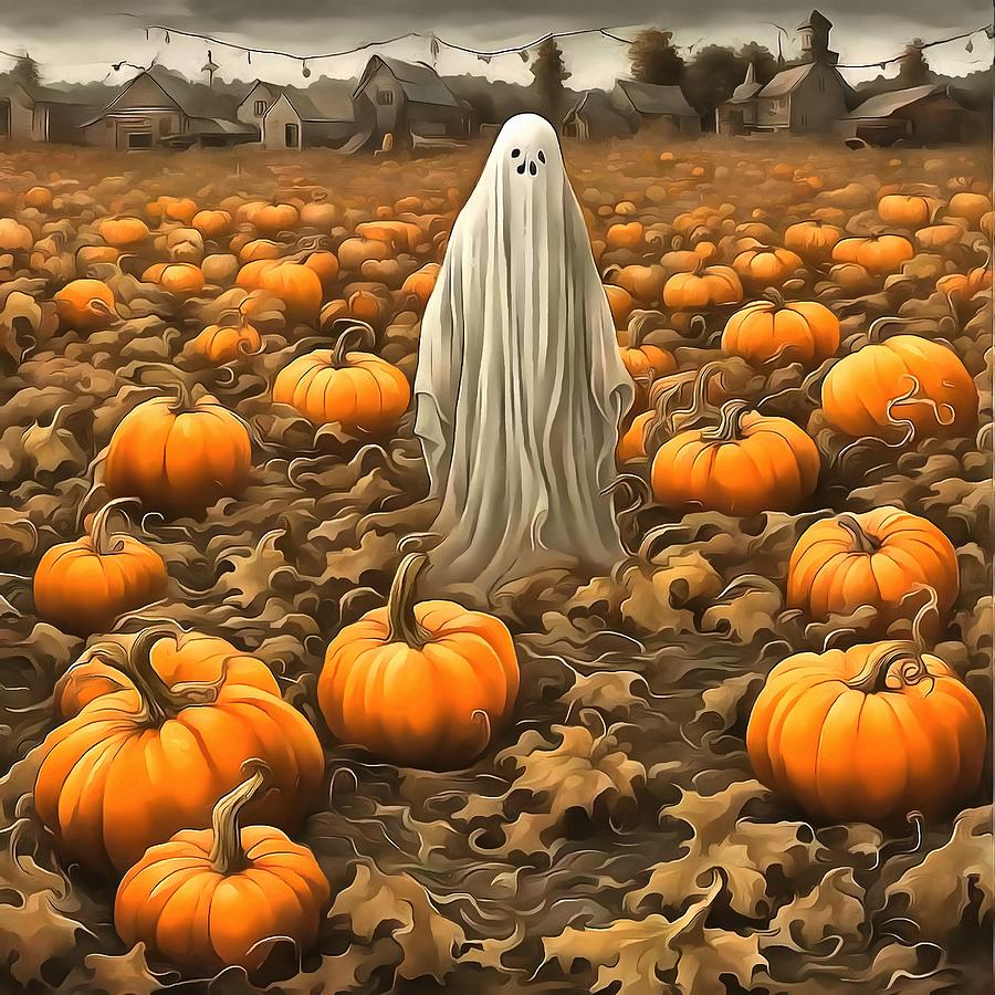 Halloween Painting - The Haunted Pumpkin Patch With A Lonely Ghost by Taiche Acrylic Art