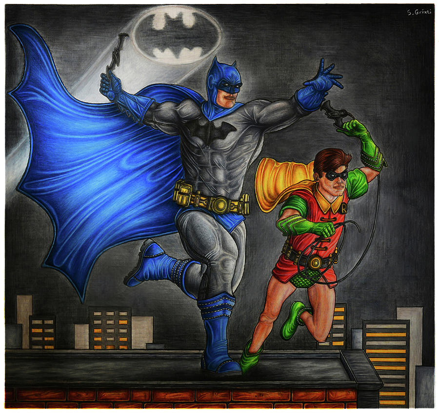 The Heroes Batman and Robin at night Pencil Drawing Drawing by