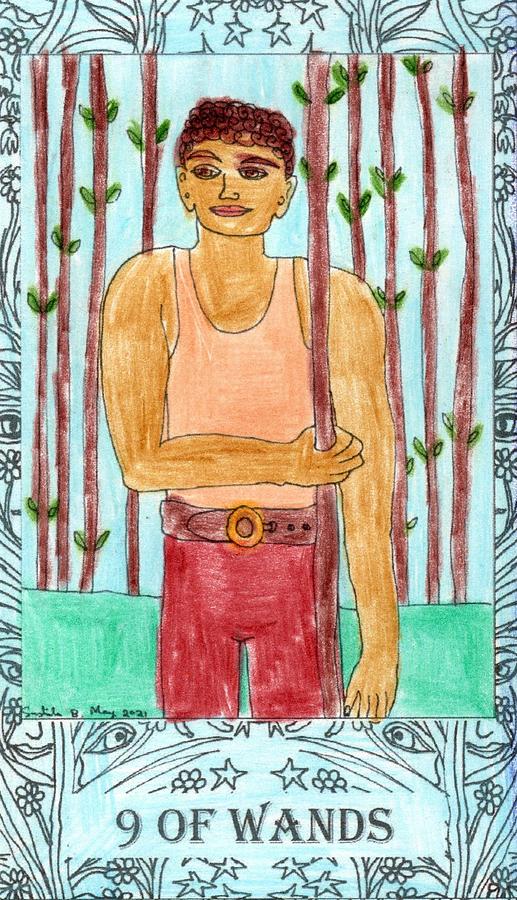 Tarot Drawing - The Hinted Tarot In Colour Nine of Wands by Sushila Burgess