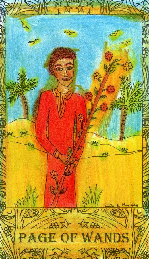 Tarot Drawing - The Hinted Tarot In Colour Page of Wands by Sushila Burgess