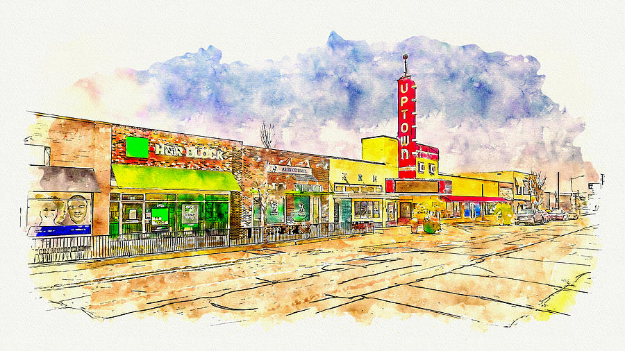 The historic Uptown Theatre in downtown Grand Prairie, Texas - pen sketch and watercolor Digital Art by Nicko Prints