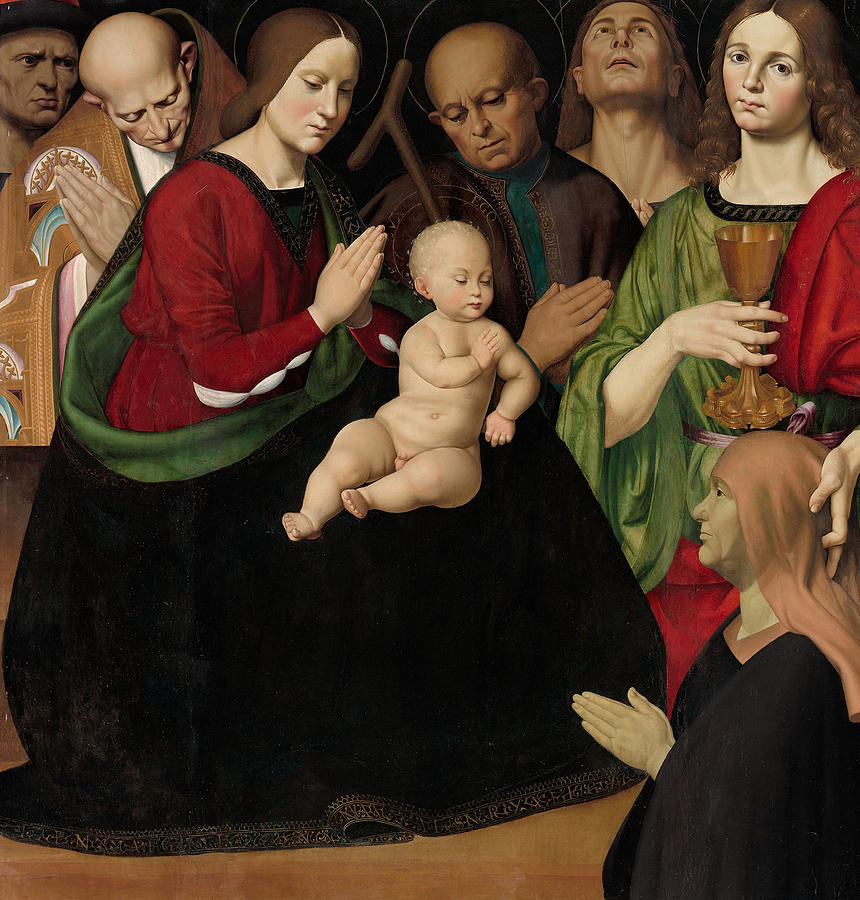 The Holy Family with Four Saints and a Female Donor Painting by Antonio Rimpatta