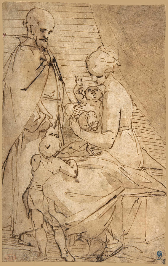 The Holy Family with the Infant Baptist Drawing by Luca Cambiaso