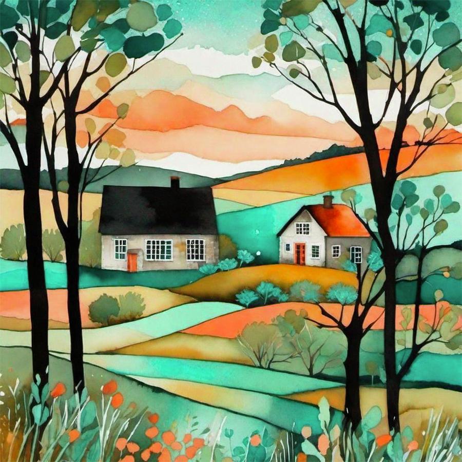 The homestead naive rural art Mixed Media by Bonnie Bruno