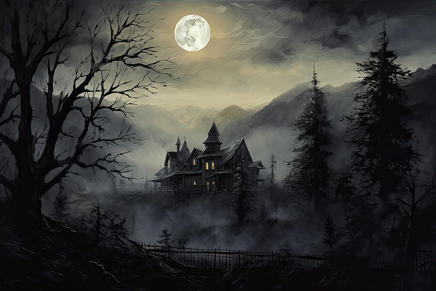 Haunted House Painting - The House on the Hill - Mysterious and Atmospheric Painting by Lourry Legarde