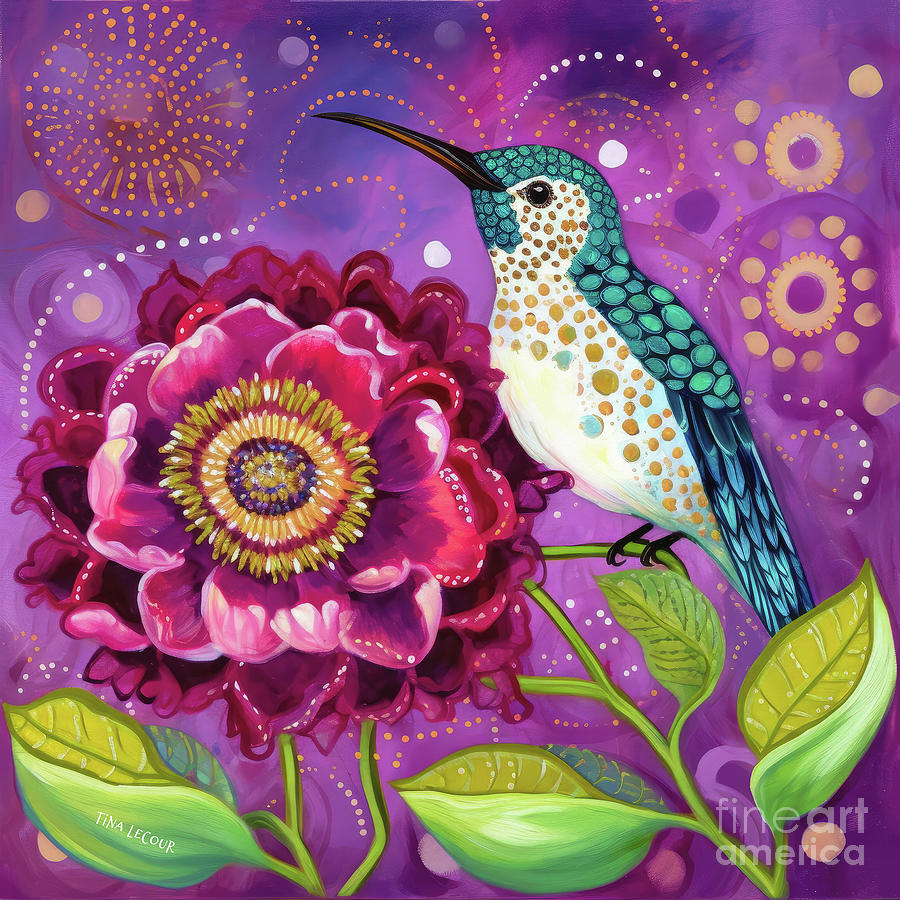 Hummingbird Painting - The Hummingbird Perched On The Peony by Tina LeCour