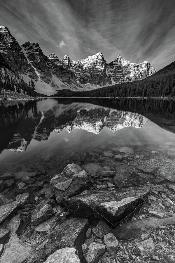 The Iconic Moraine Lake In Black And White Photograph
