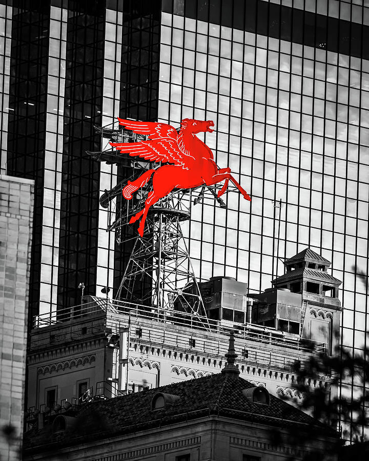 Black And White Photograph - The Iconic Red Pegasus Of Downtown Dallas Texas - Selective Coloring by Gregory Ballos