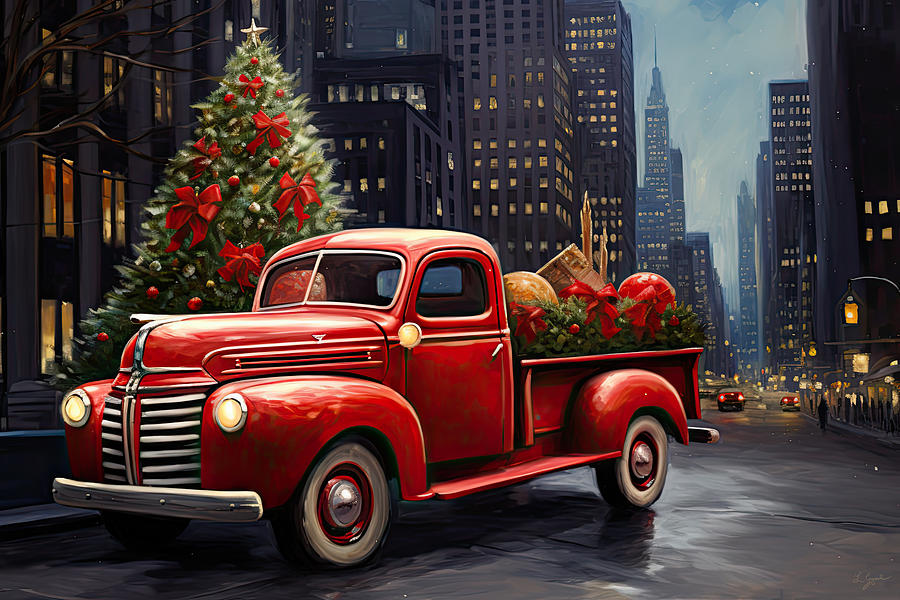 The Iconic Red Truck Brings Christmas Cheer to Downtown New York Painting by Lourry Legarde