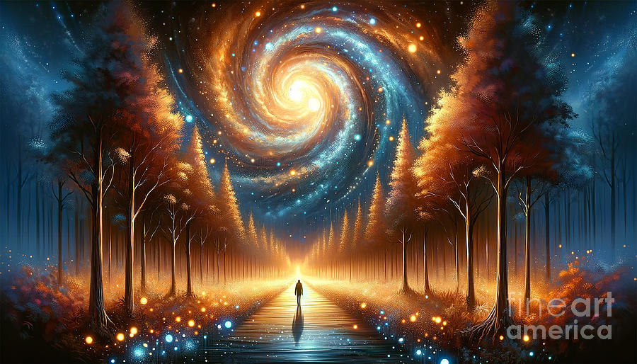 The image depicts a surreal scene with a man on a glowing path leading to a spiral galaxy Digital Art by Odon Czintos