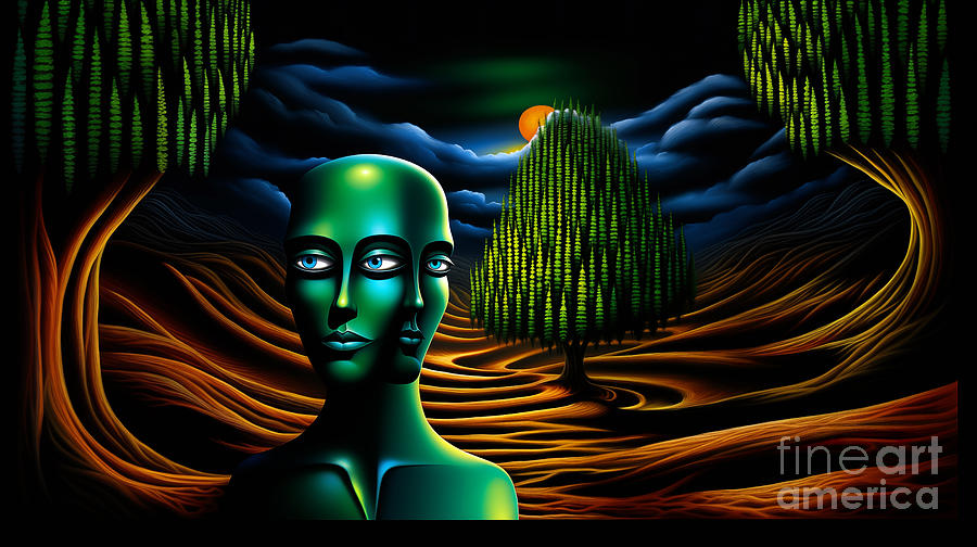 The image depicts a surreal, vibrant landscape with a green humanoid double face Digital Art by Odon Czintos