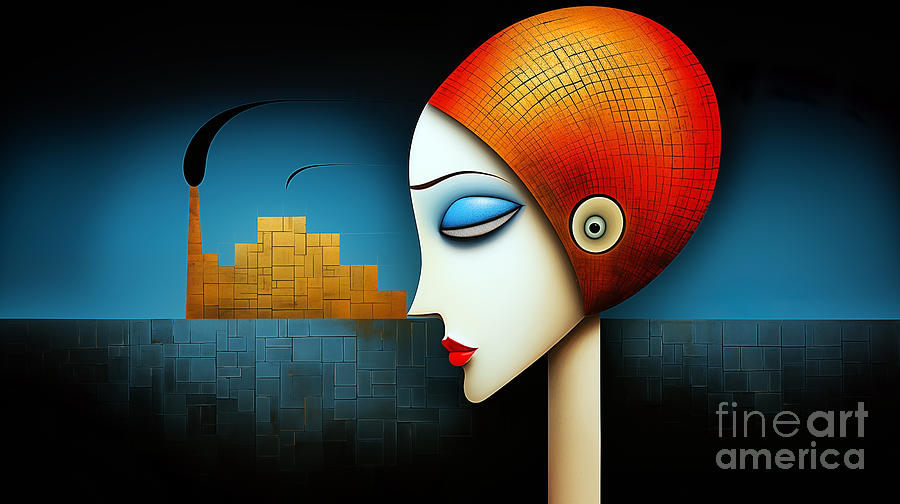 The image displays a surrealistic female profile. Digital Art by Odon Czintos