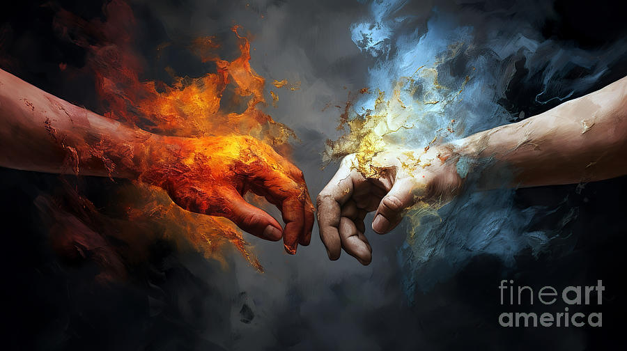The image is a dramatic and artistic representation of two human hands  Digital Art by Odon Czintos