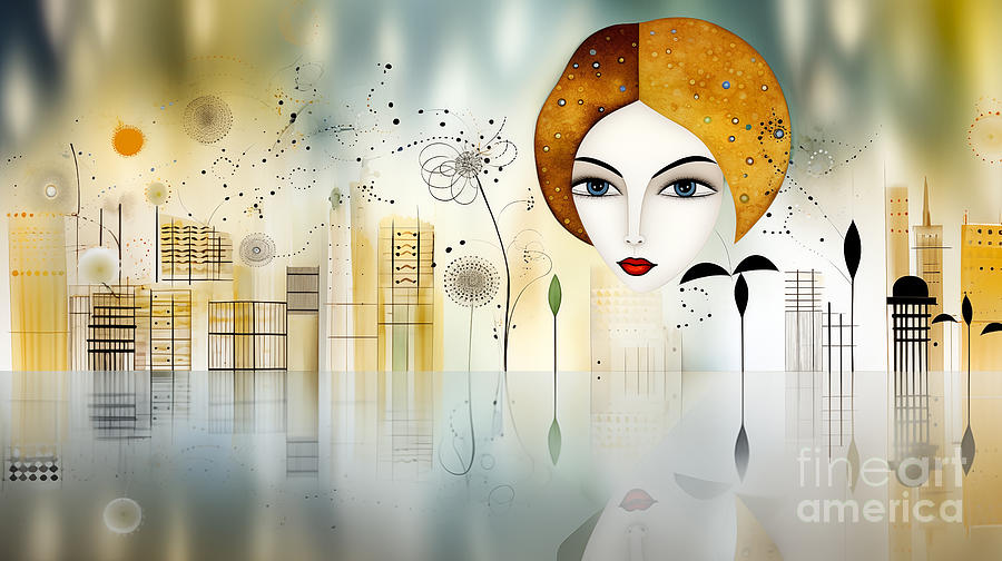 The image presents a stylized womans portrait blending with an abstract cityscape Digital Art by Odon Czintos