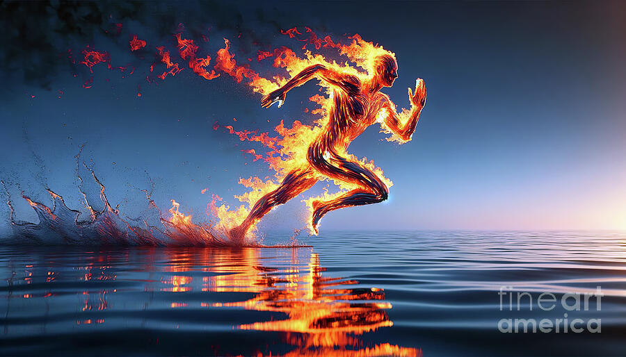 The image shows a fiery human figure running across the water. Digital Art by Odon Czintos