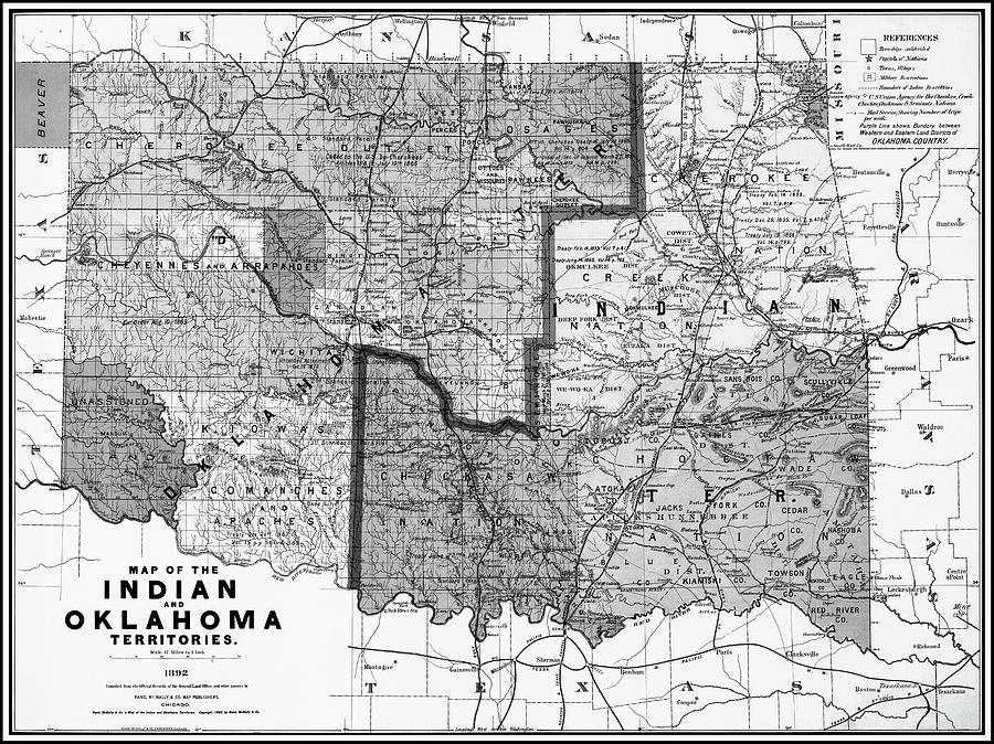 Oklahoma Map Photograph - The Indian and Oklahoma Territories Vintage Map 1892 Black and White by Carol Japp