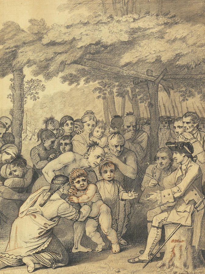 The Indians Delivering up the English Captives to Colonel Bouquet Drawing by Benjamin West