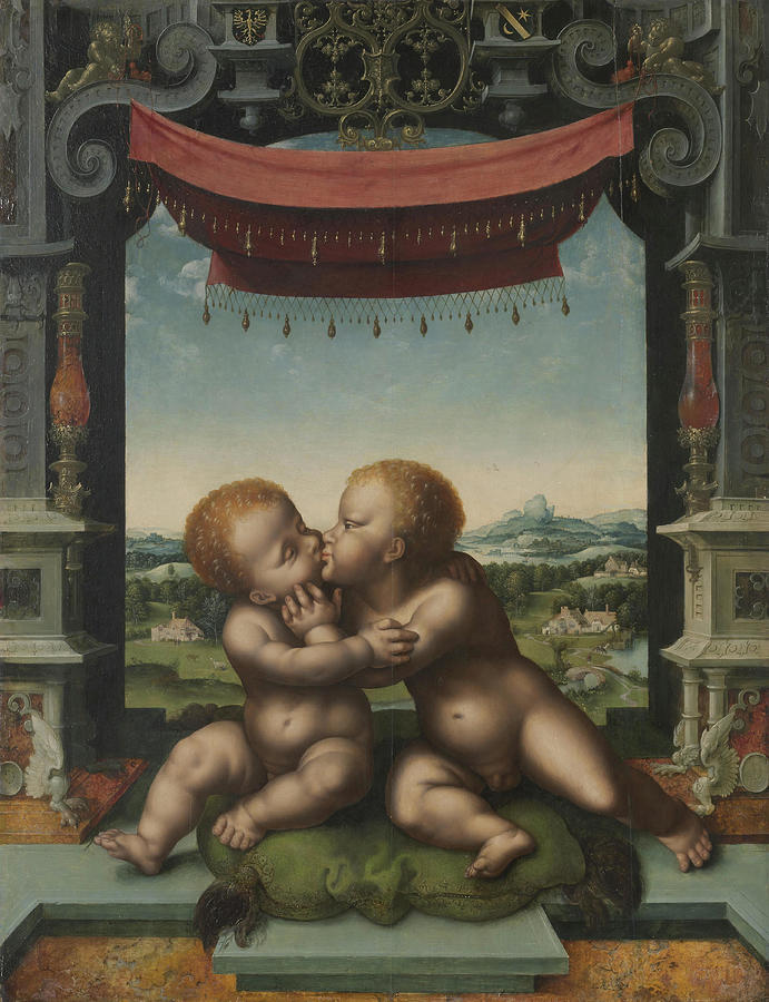 The Infants Christ and Saint John the Baptist Embracing. Joos van Cleve and Workshop, Netherlandi... Painting by Joos Van Cleve