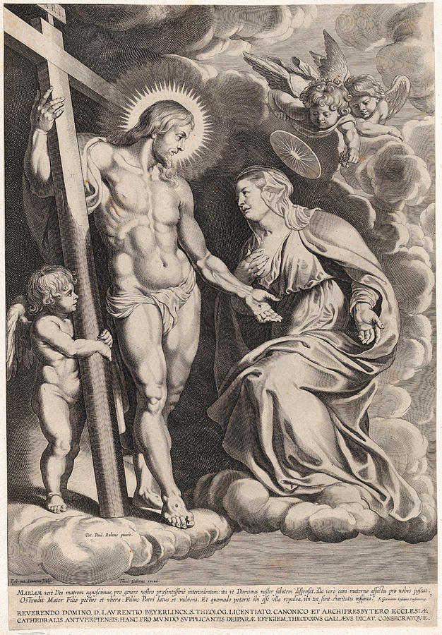 The Intercession of the Virgin, kneeling on a cloud at right before Christ Drawing by Egbert Van Panderen