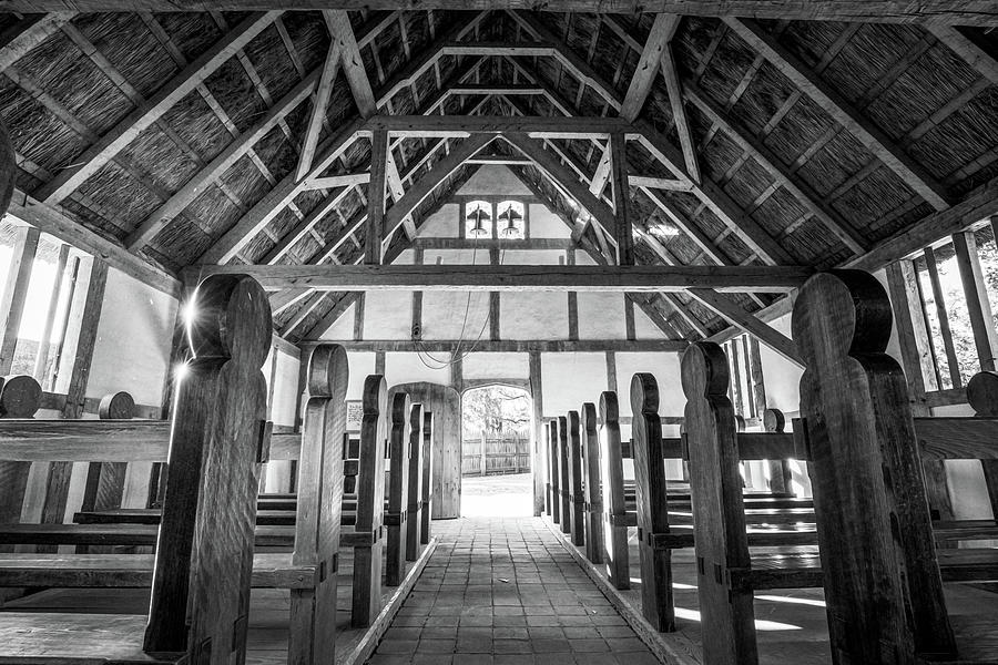 The Interior of Fort James Anglican Church - Oil Painting Style - Black and White Photograph by Rachel Morrison