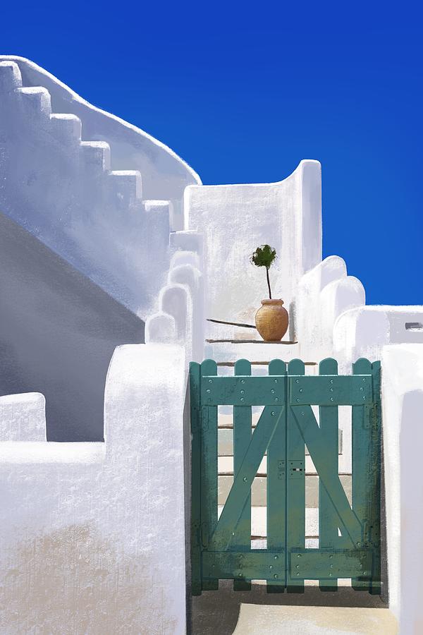 The Invitation - Santorini, Greece - Building Architecture - Coastal Aesthetic - Blue, White Mixed Media