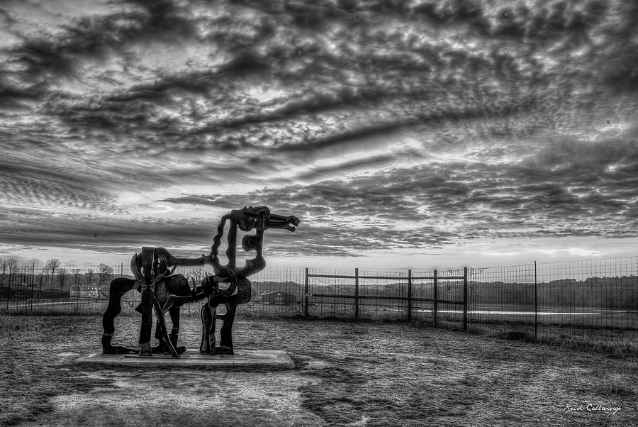 The Iron Horse Sunup B W  UGA Iron Horse Farm Agricultural Landscape Sculpture Art Photograph by Reid Callaway