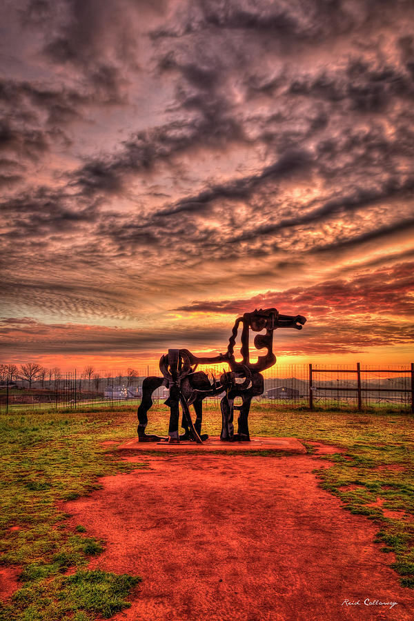 The Iron Horse Sunup Vertical UGA Iron Horse Farm Agricultural Sculpture Landscape Art Photograph by Reid Callaway