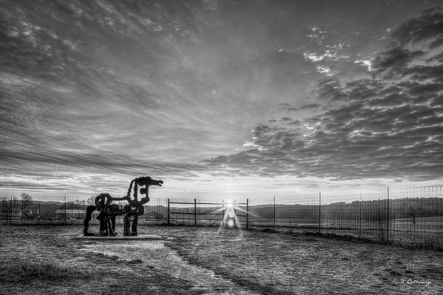 The Iron Horse Sunup 888 B W UGA Iron Horse Farm Agricultural Landscape Sculpture Art Photograph by Reid Callaway