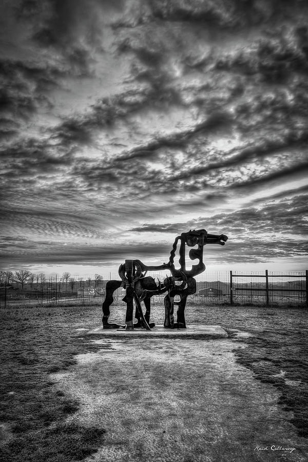 The Iron Horse Sunup Vertical B W UGA Iron Horse Farm Agricultural Landscape Sclupture Art Photograph by Reid Callaway