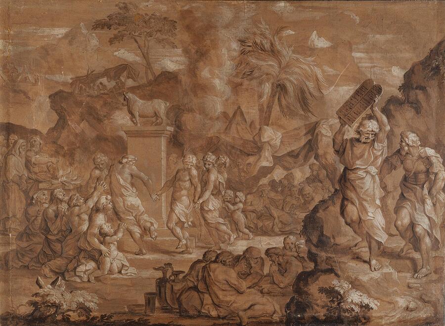 Tree Painting - The Israelites Dancing around the Golden Calf  by Sebastien Bourdon French