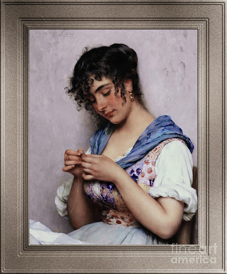 The Italian Seamstress  by Eugene de Blaas Fine Art Old Masters Reproduction Painting by Rolando Burbon