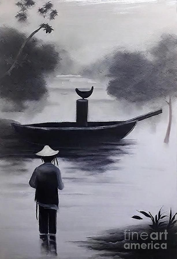 Fall Painting - The Japanese fisherman Painting fisherman japan black white river misty fog lanscape forest art asia asian autumn beautiful beauty berries bokusaiga calligraphy china chinese countryside creative by N Akkash