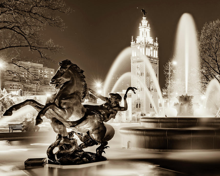 The Jc Nichols Fountain And Giralda Tower - Kansas City Plaza In Sepia Photograph