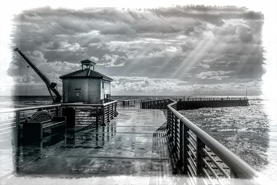 The Jetty at Boynton Inlet Beach in Black and White Bordered  Photograph by Debra and Dave Vanderlaan