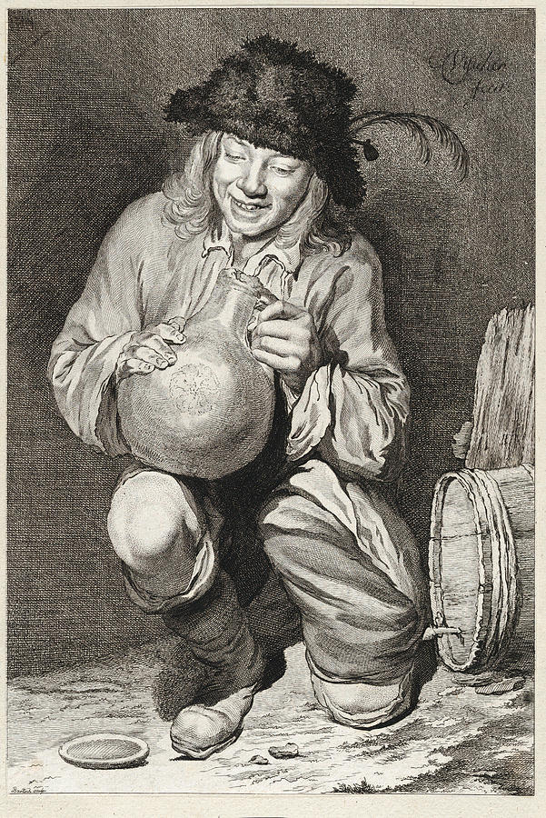 The Joy of the Cellar, kneeling farmer boy holding a jug next to wine barrel Drawing by Adam von Bartsch
