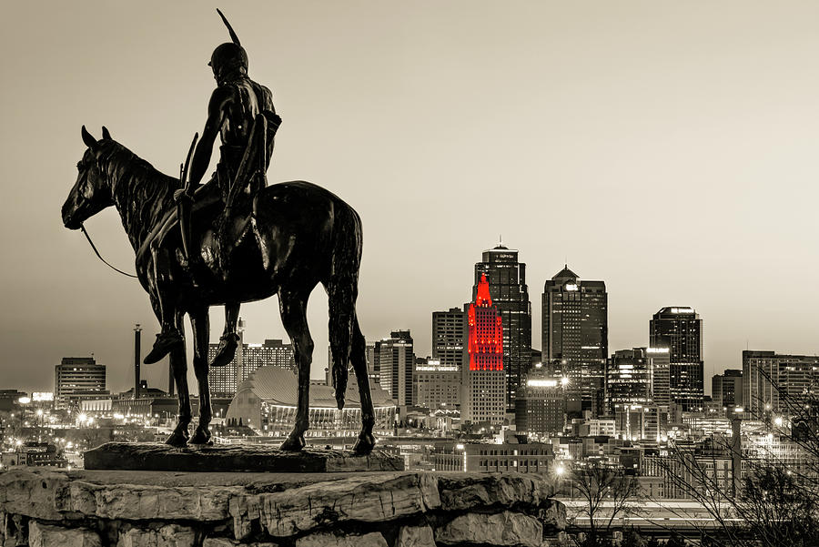 The Kansas City Scout Overlooking The Downtown Cityscape - Selective Color Sepia Photograph by Gregory Ballos