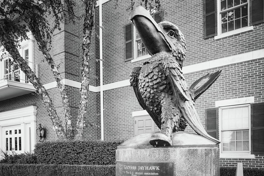 The Kansas University Jayhawk Sculpture Along The Boulevard - Black and White Photograph by Gregory Ballos