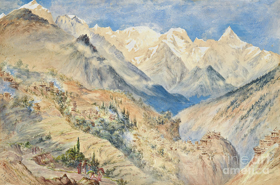The Khylas Peaks and village of Pangi three miles above CHINE on the Sutledge, 1869  Painting by Constance Frederica Gordon-Cumming