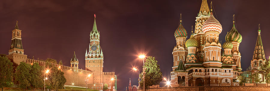 The Kremlin and Saint Basils, Moscow at night - panorama Photograph by Hadynyah