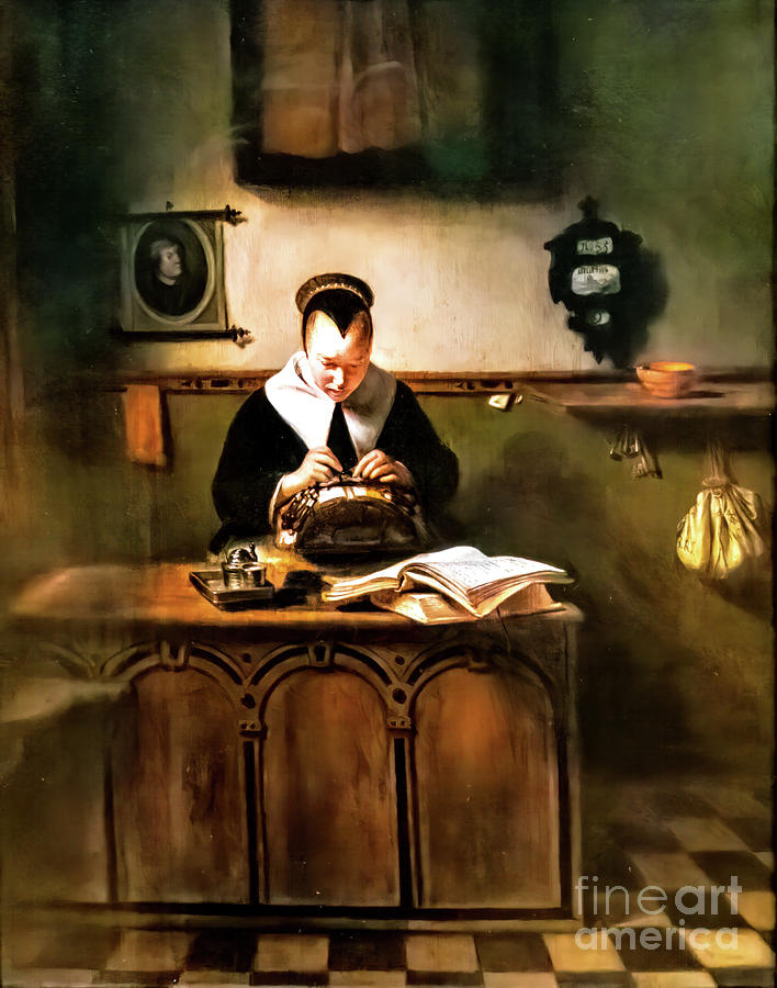 The Lacemaker by Nicolaes Maes 1655 Painting by Nicolaes Maes