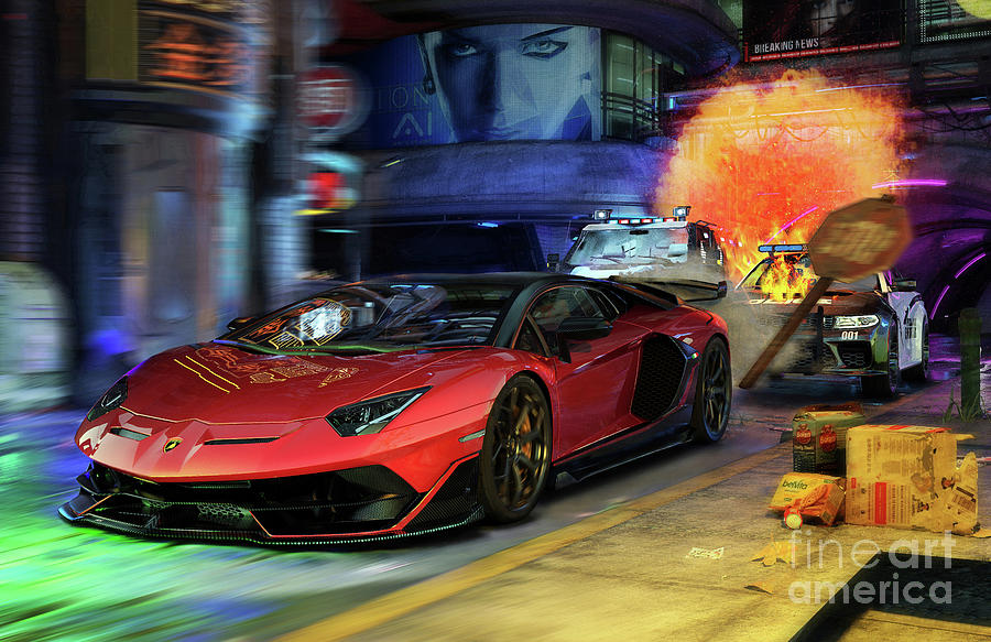 The Lamborghini Aventador chased by the police digital art Digital Art by Stephan Grixti