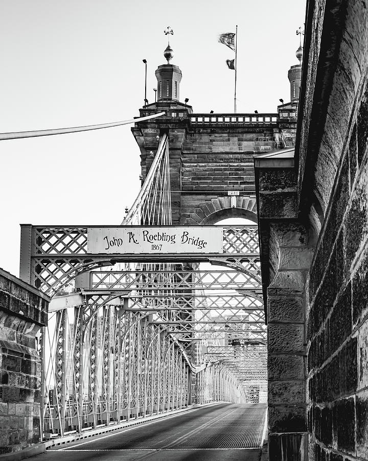 The Landmark Cincinnati Ohio Roebling Suspension Bridge Black And