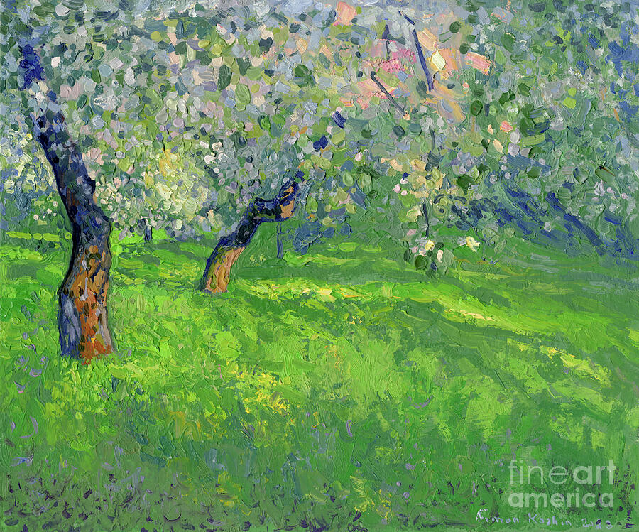 Spring Painting - The last rays. Apple trees in bloom by Simon Kozhin