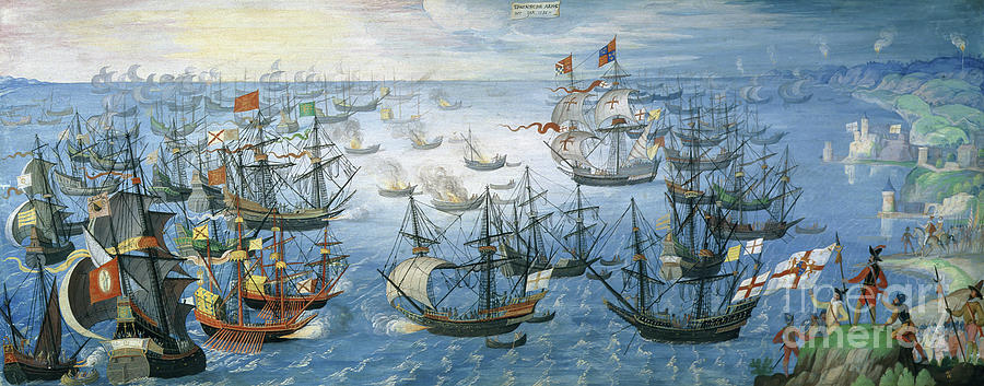 The launching of English fire ships on the Spanish fleet off Calais Painting by Flemish School