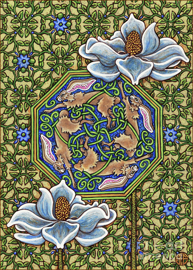 The Legend of Hare Terra. Decorative Panel. Four Hare Knotwork with Magnolias Painting by Amy E Fraser