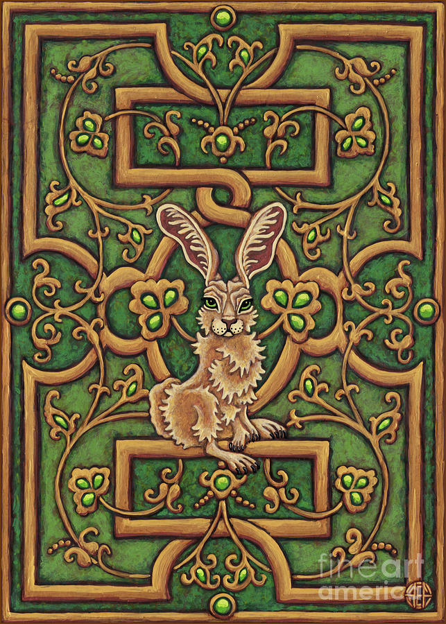 The Legend of Hare Terra. Illuminated Book Cover. Emerald Painting by Amy E Fraser